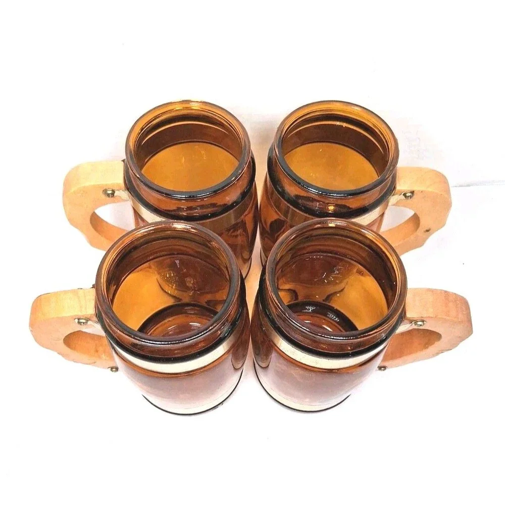 Vintage Amber Glass Beer Mugs Wood Handle Set Of 4 Saloon Mancave
